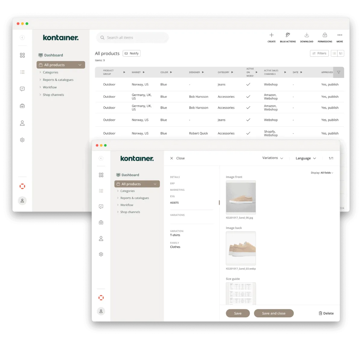 PIM_Presentation Screenshots from product lists Kontainer's combined PIM and DAM system.