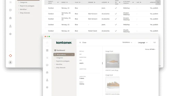 Screenshots from product lists Kontainer's combined PIM and DAM system.