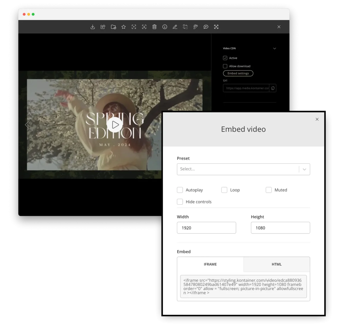 Kontainer_Video_Streaming_Settings Video file is shown in gallery mode in Kontainer with a pop-up of video streaming settings