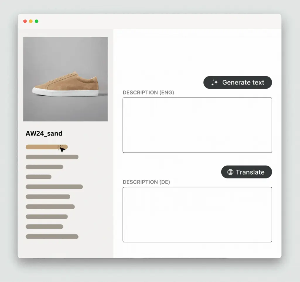 AI text_generate and translate_Kontainer PIM Features Selecting PIM fields and then generating and translating text using Kontainer PIM's AI tool