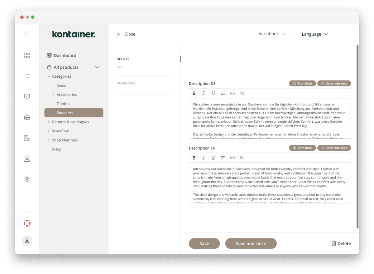 Kontainer AI features_Translation Kontainer's AI translation feature in PIM
