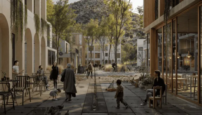 A rendering of a courtyard with people walking and sitting.