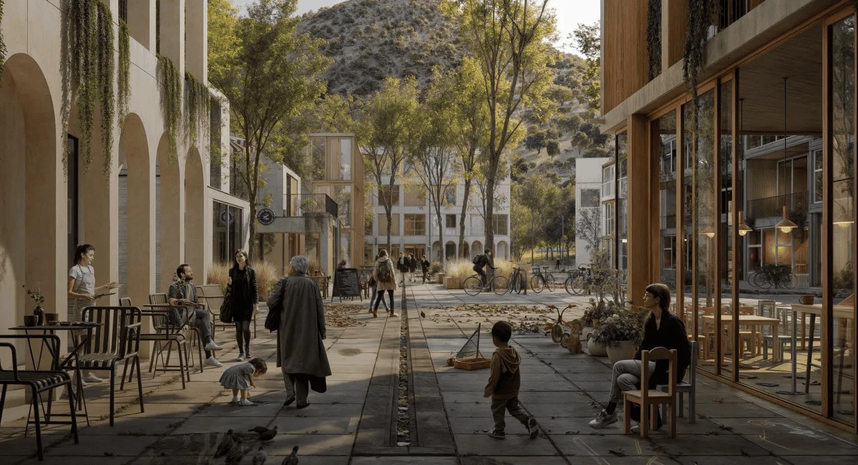 A rendering of a courtyard with people walking and sitting.
