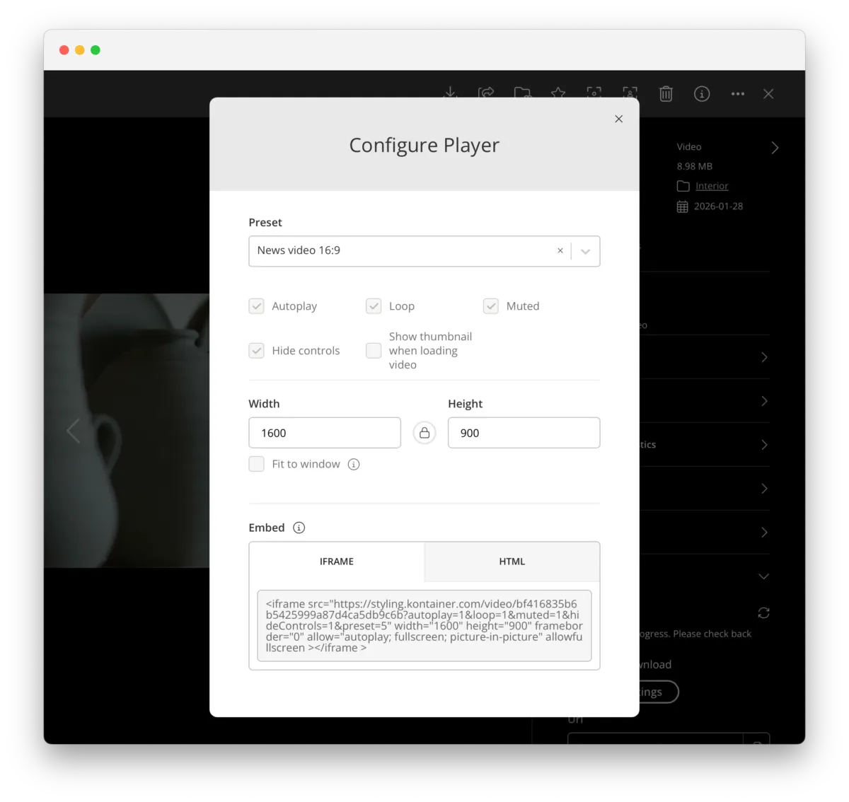 Kontainer Video DAM_configure video